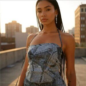 Zemeta ✦ Y2K Denim Patchwork Halter Crop Top ✦ Adjustable Tie Front Print L NWT